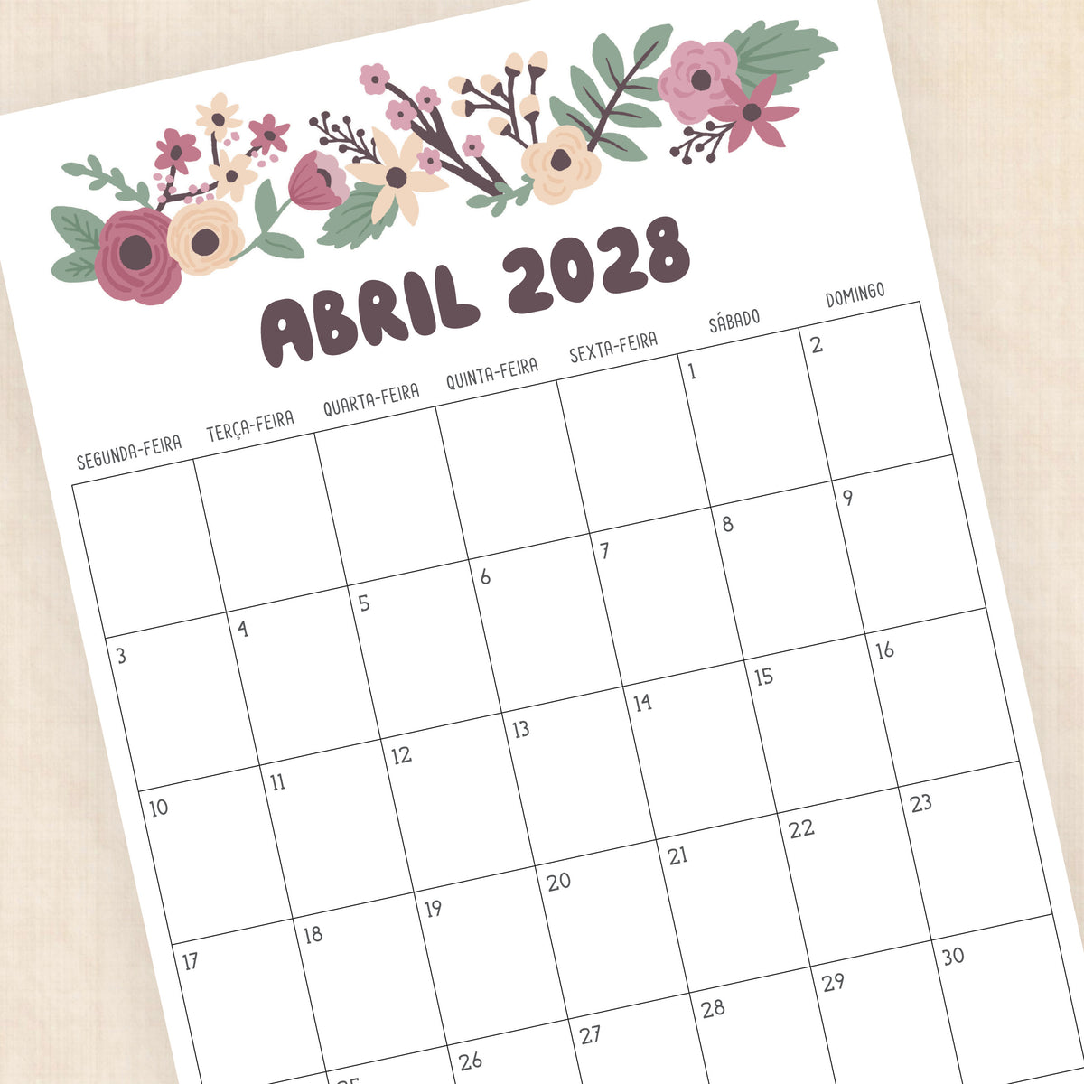 Calendário 2028 para imprimir