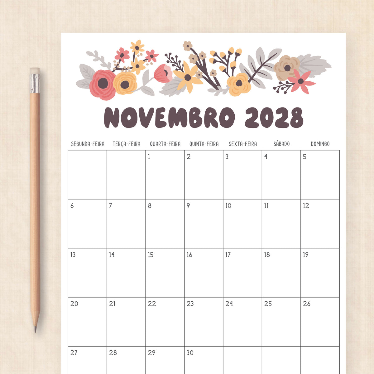 Calendário 2028 para imprimir