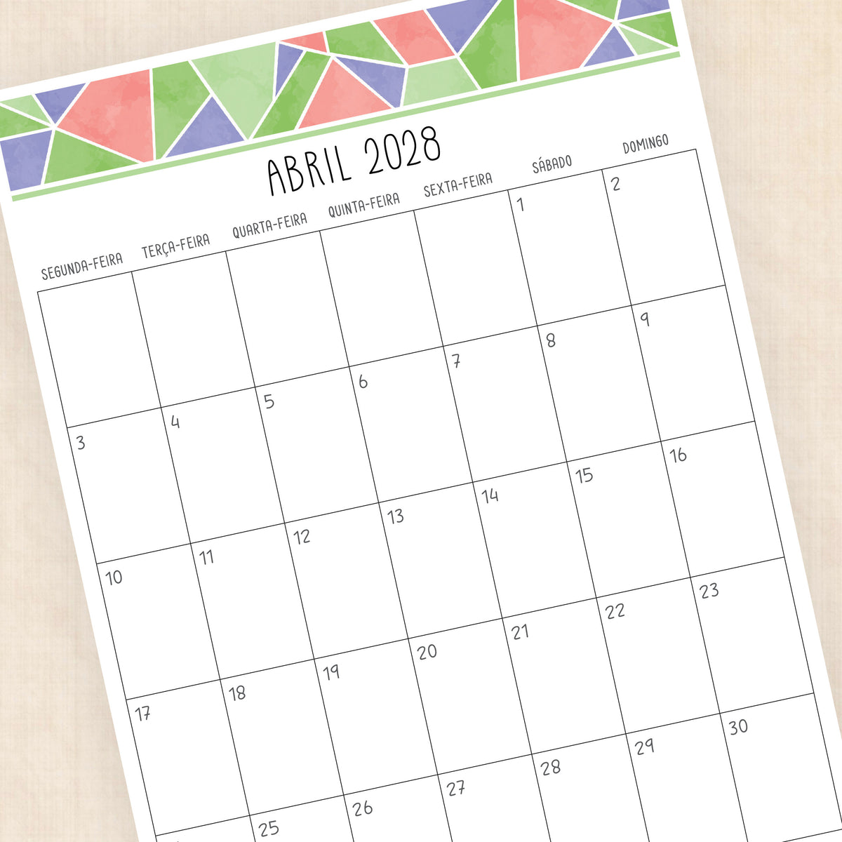 Calendário 2028 para imprimir