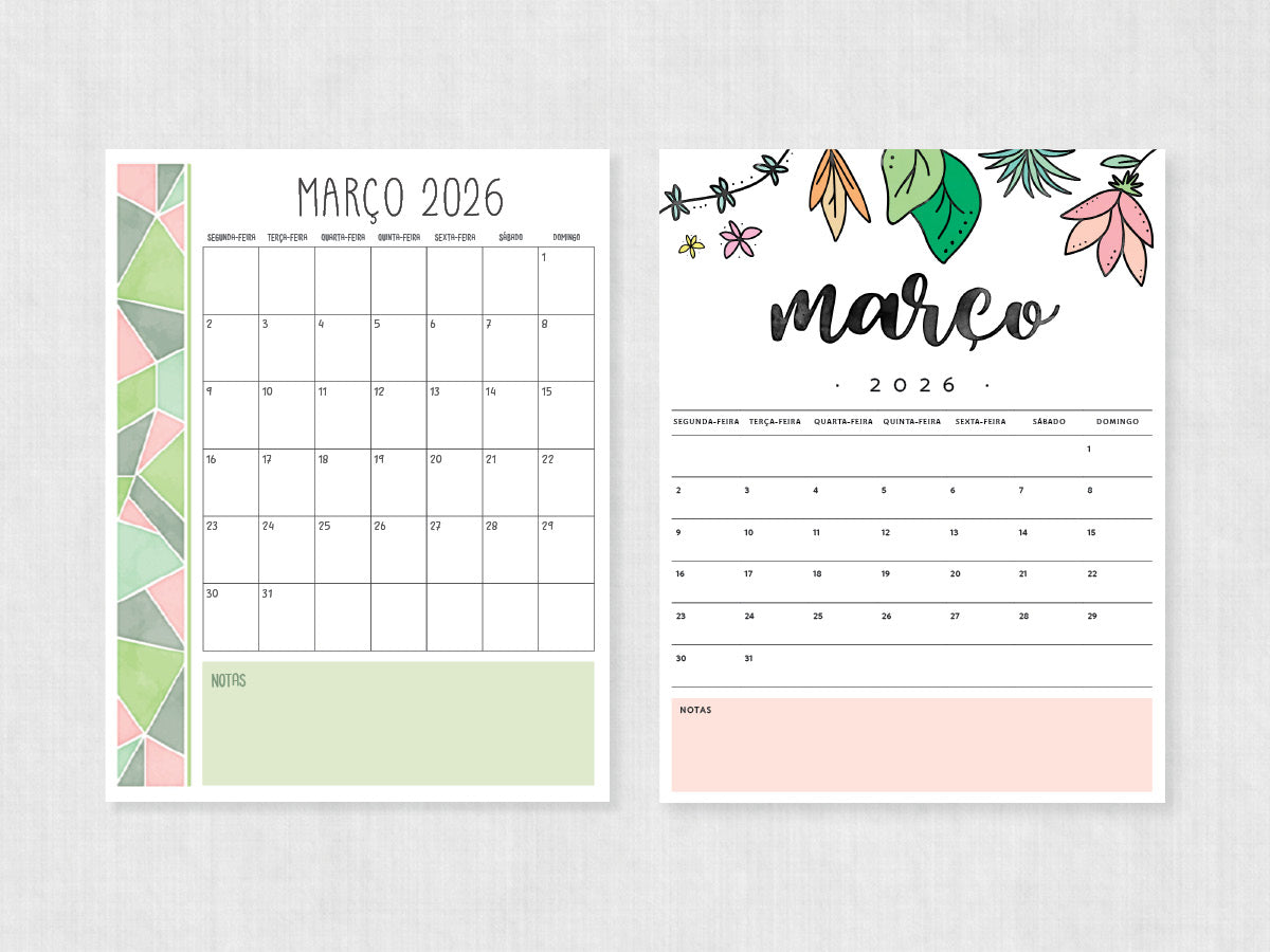 Calendário março 2026 · Modelos PDF para imprimir