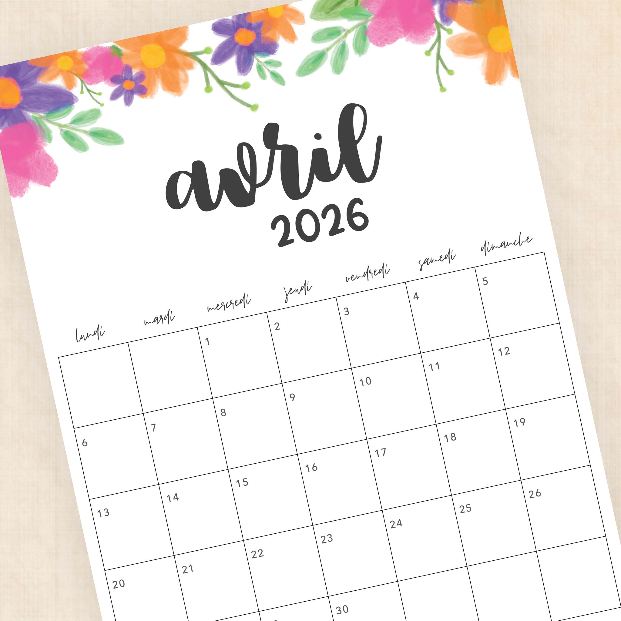 calendrier 2026 à imprimer