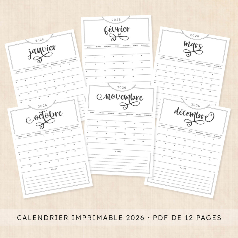 calendrier 2026 à imprimer