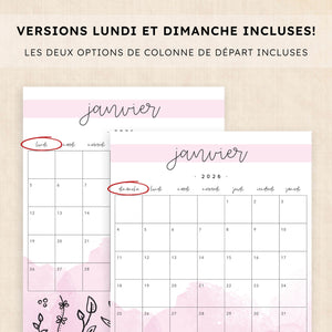 Calendrier 2026 à imprimer