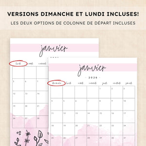 Calendrier 2026 à imprimer