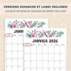 Calendrier 2026 à imprimer