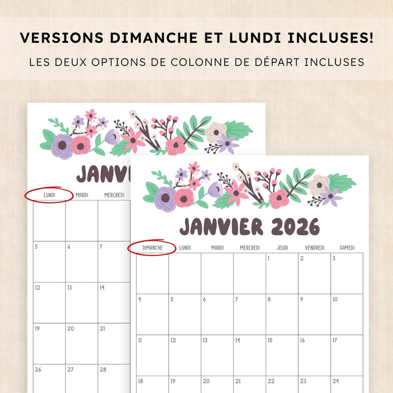 Calendrier 2026 à imprimer