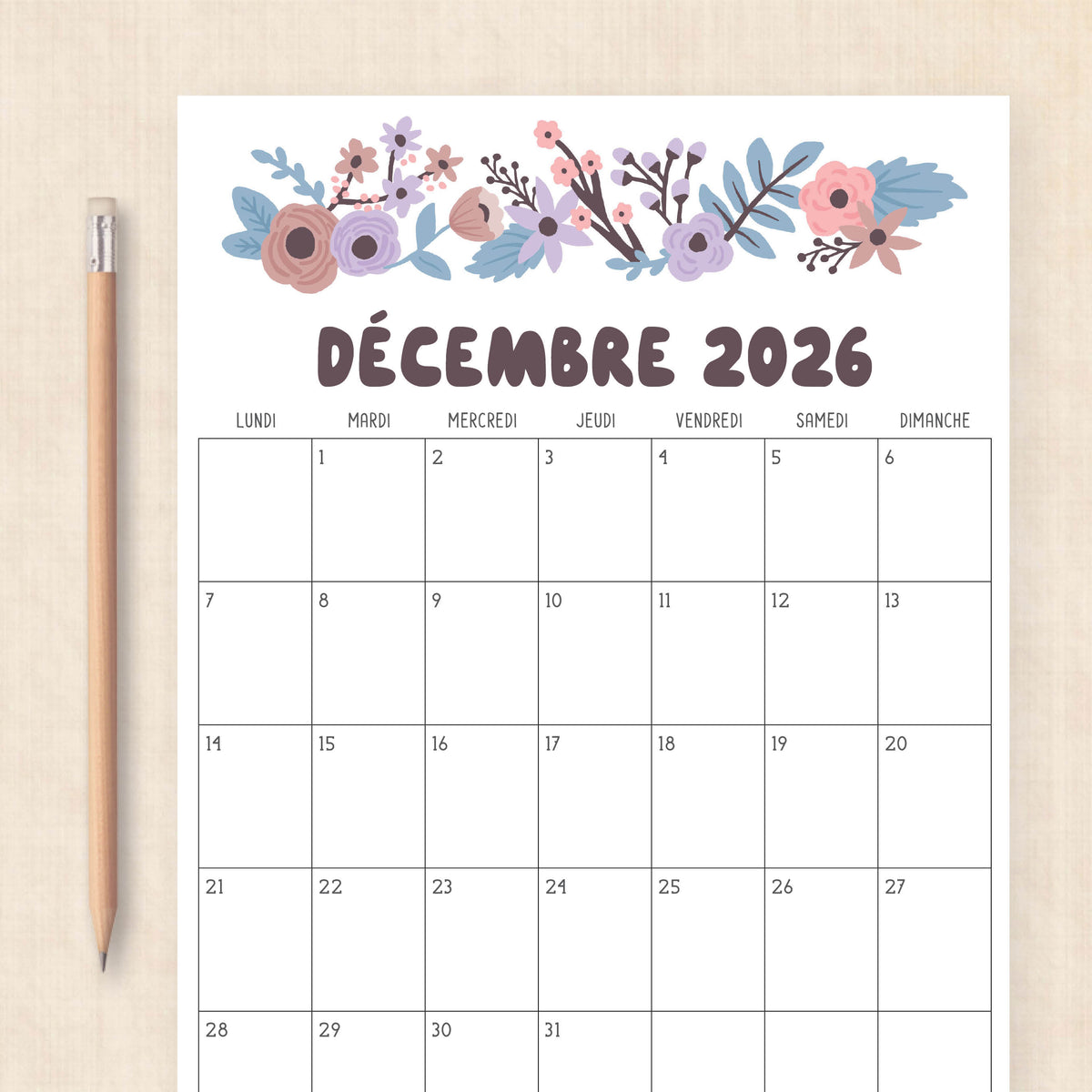 Calendrier 2026 à imprimer