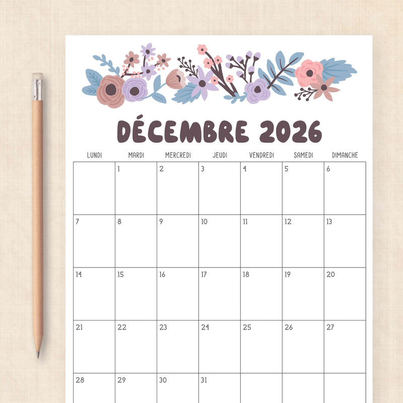 Calendrier 2026 à imprimer