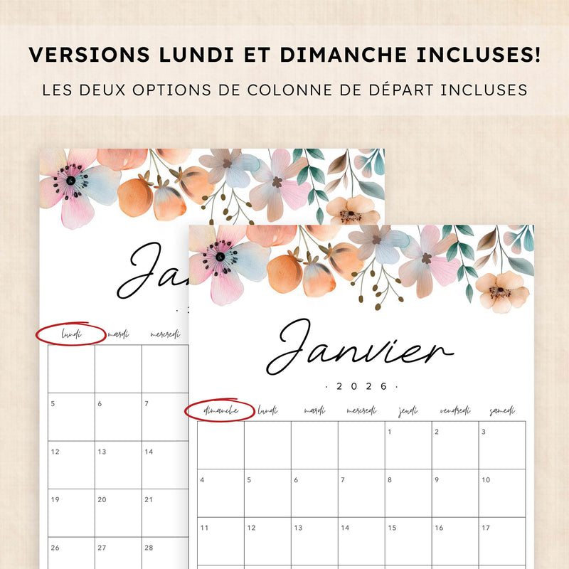 calendrier 2026 à imprimer