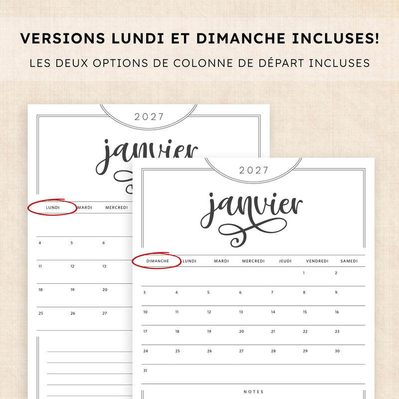 calendrier 2027 à imprimer