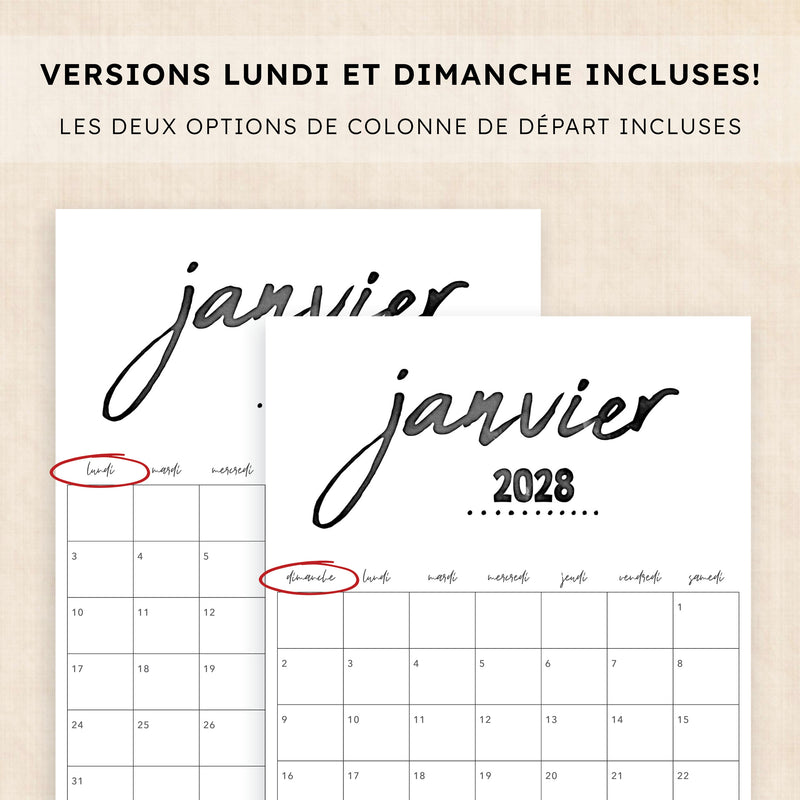 calendrier 2028 à imprimer