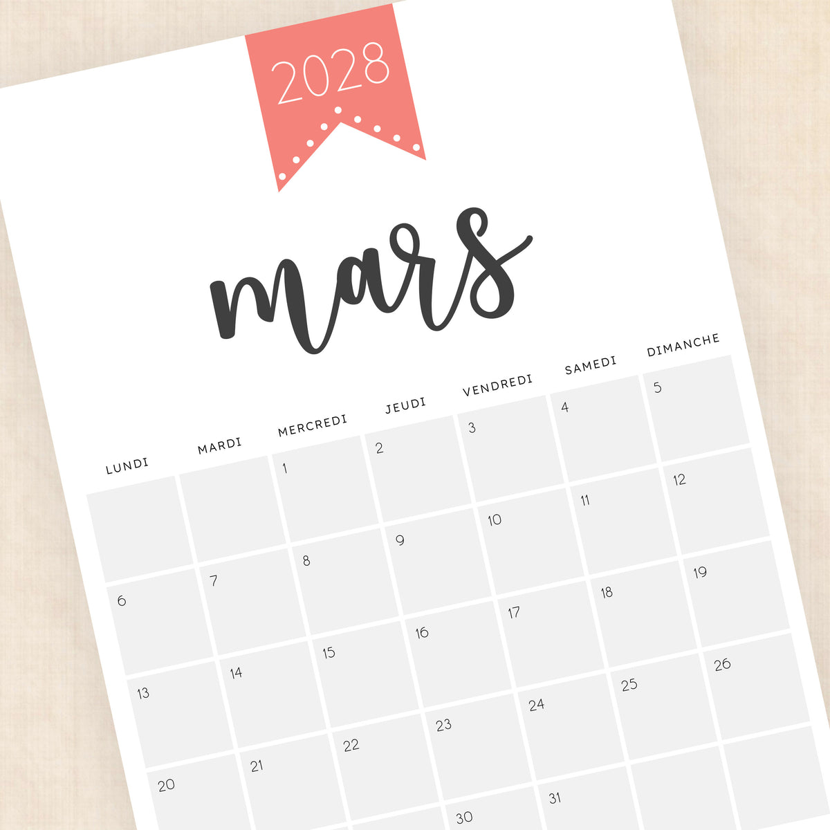calendrier 2028 à imprimer
