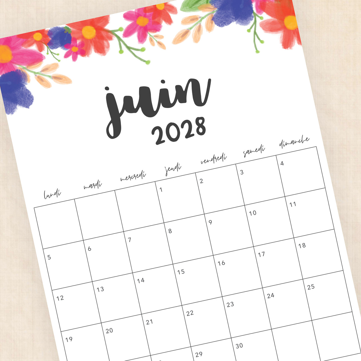 calendrier 2028 à imprimer