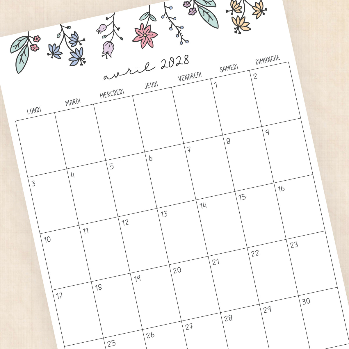 calendrier 2028 à imprimer