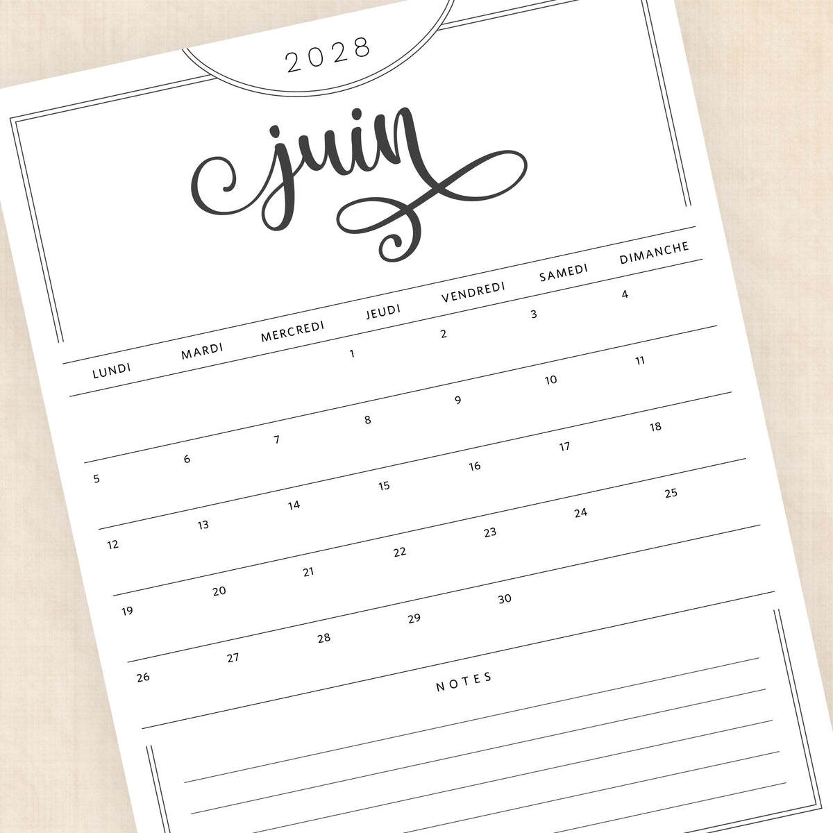calendrier 2028 à imprimer
