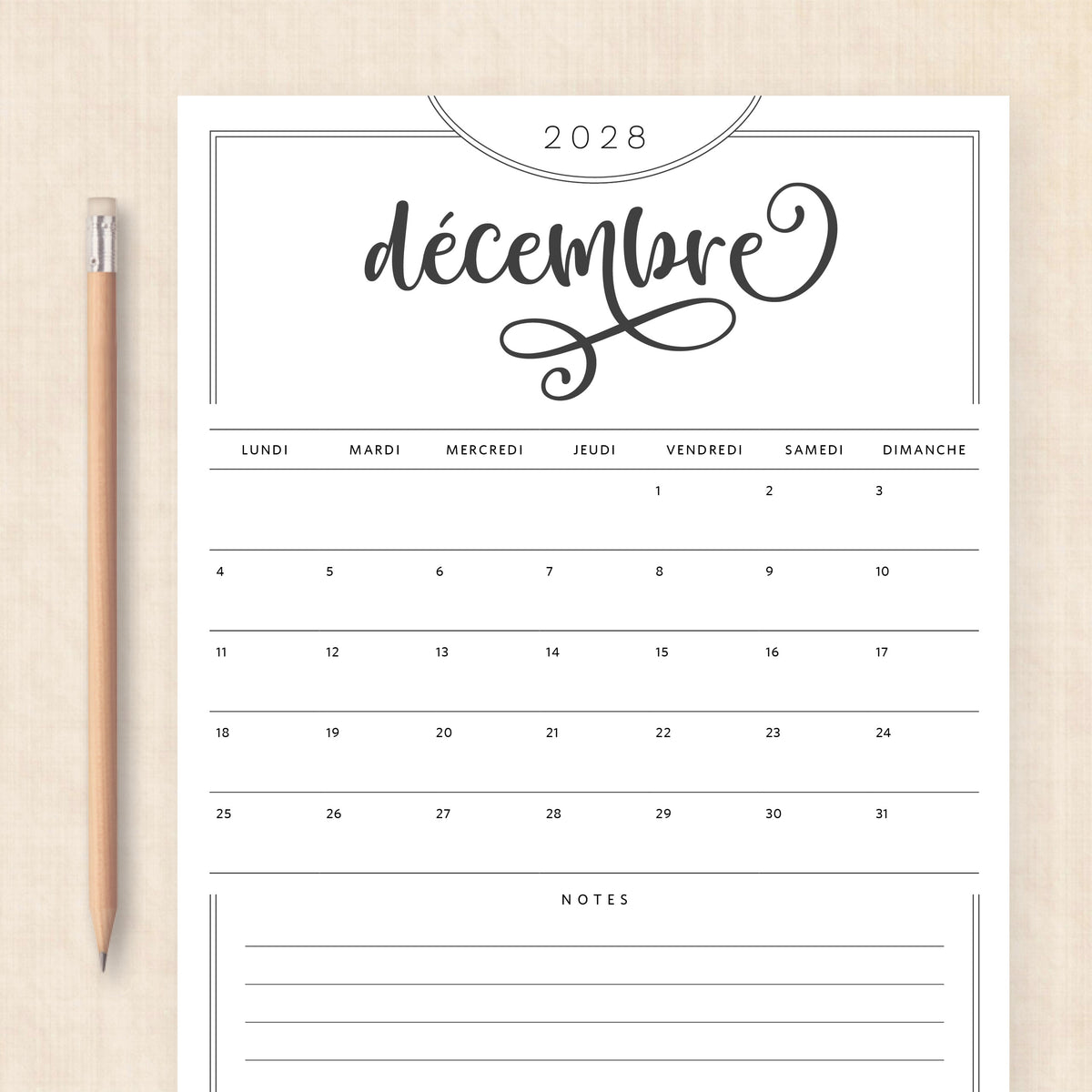 calendrier 2028 à imprimer