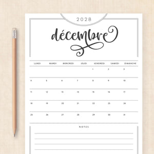 calendrier 2028 à imprimer