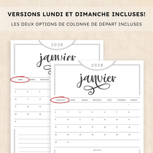 calendrier 2028 à imprimer