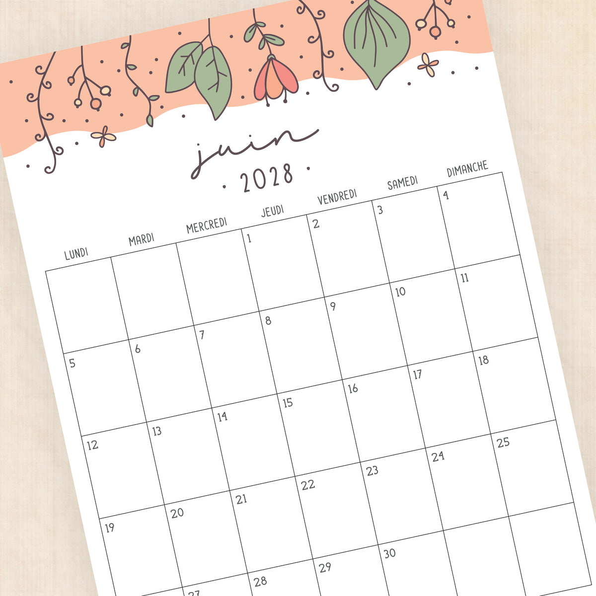 calendrier 2028 à imprimer