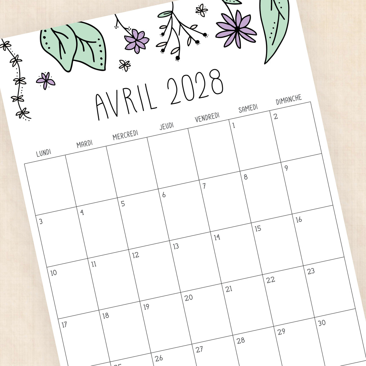 calendrier 2028 à imprimer