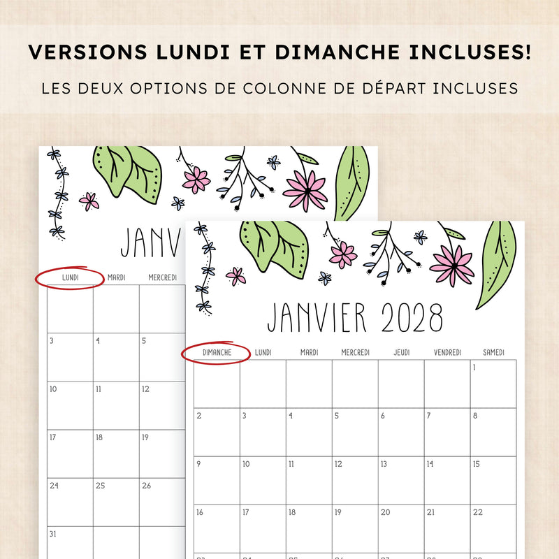calendrier 2028 à imprimer