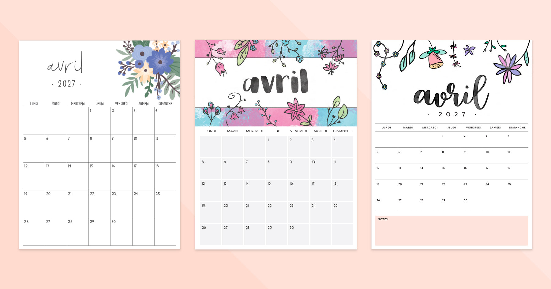 calendrier avril 2027 à imprimer
