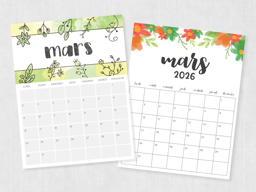 calendrier mars 2026