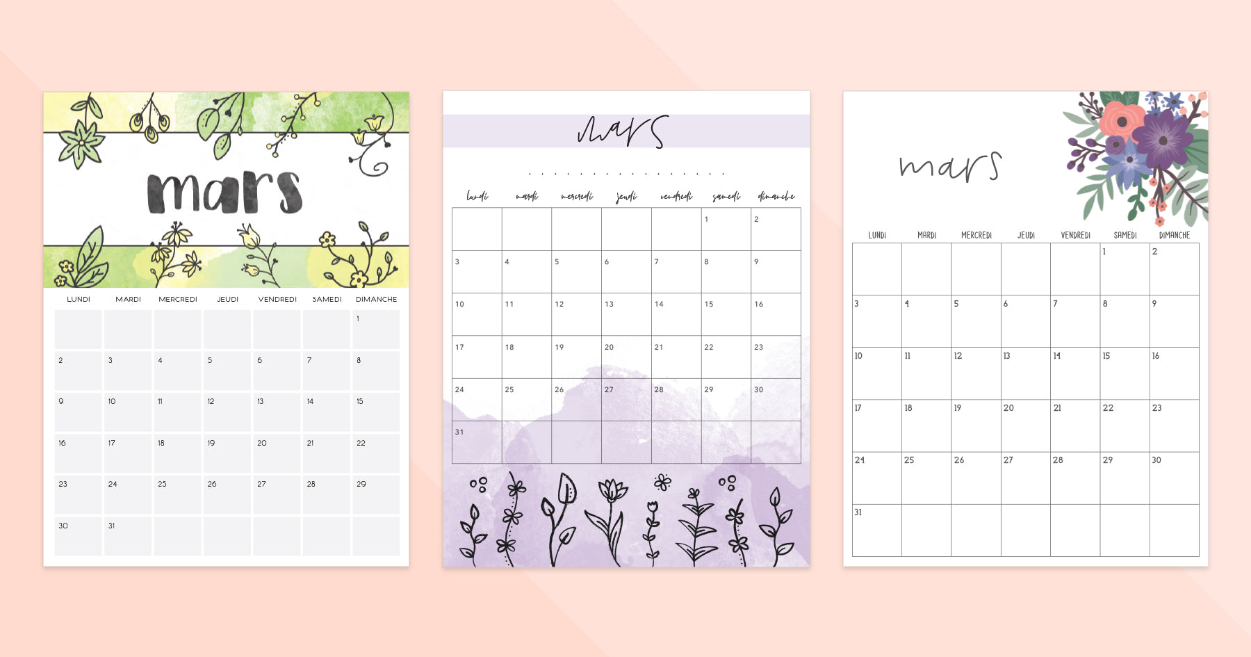 calendrier mars à imprimer