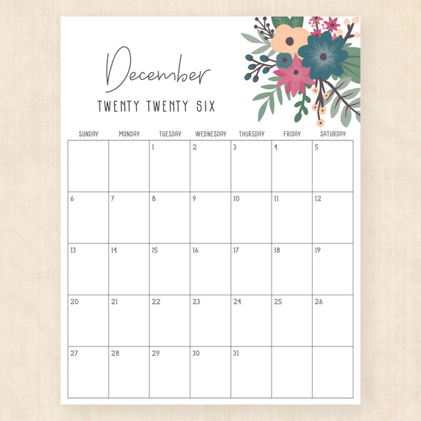 december 2026 calendar petunia punch