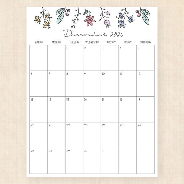 december 2026 calendar wildflower whimsy