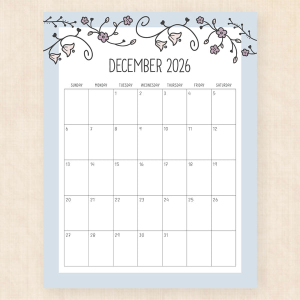december 2026 calendar vintage vines