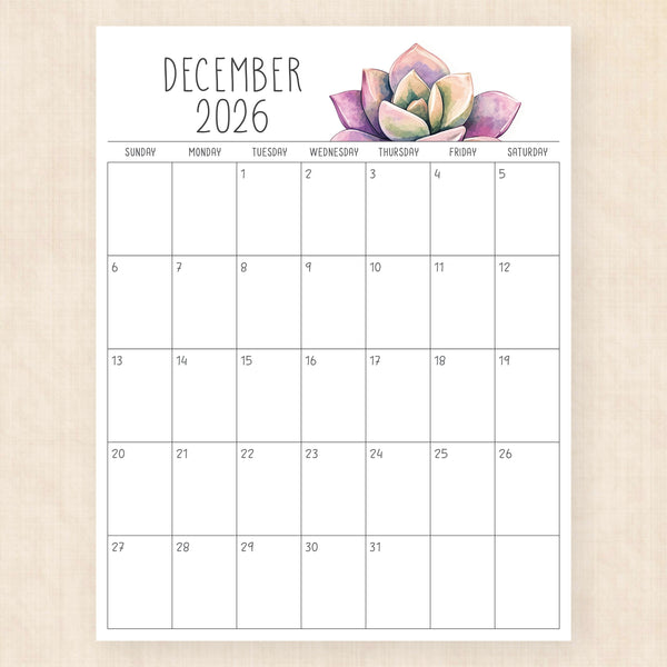 december 2026 calendar sunkissed succulents