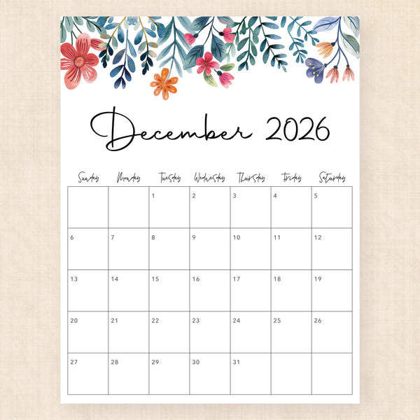 december 2026 calendar floral fantasy