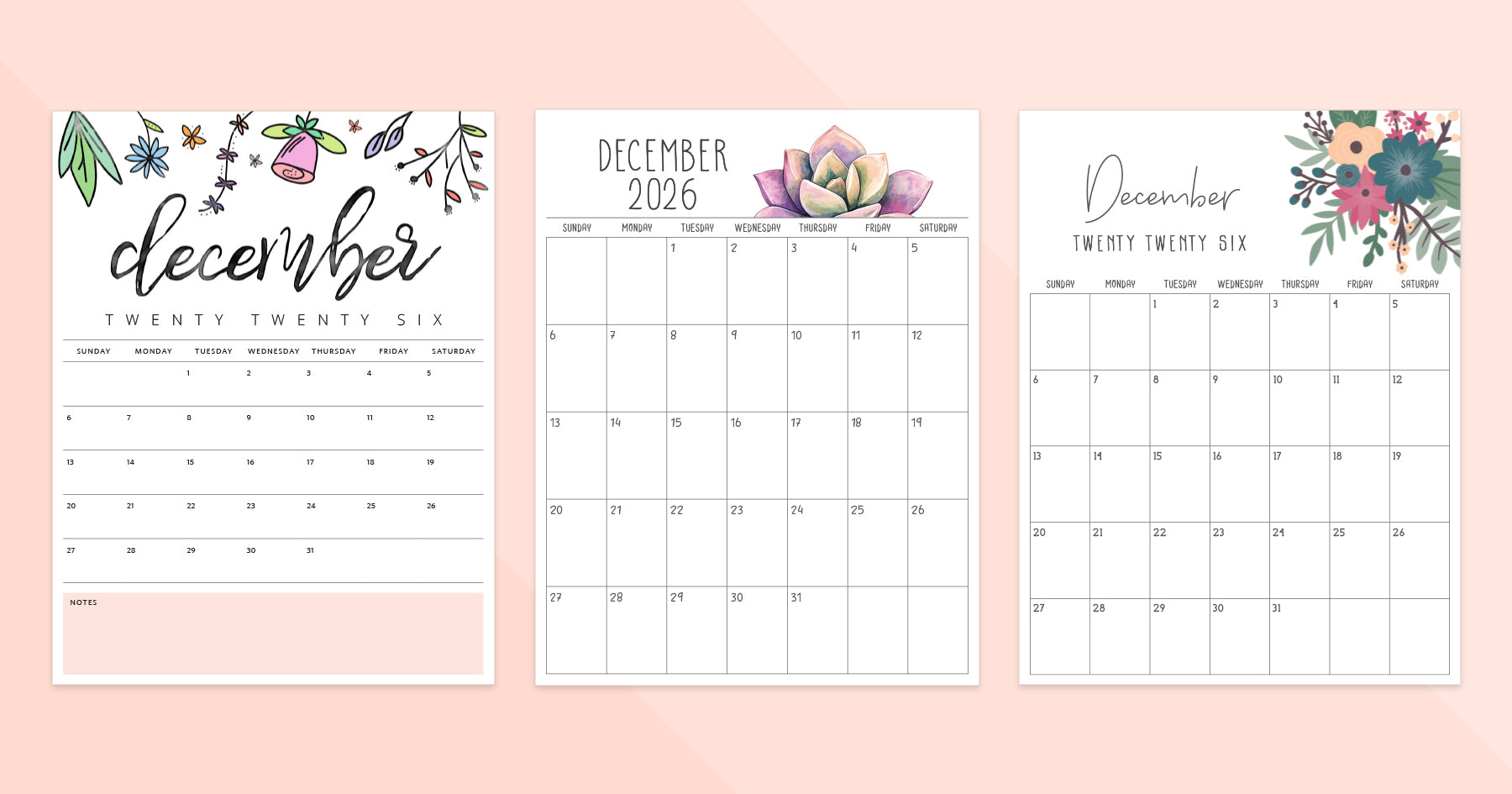 December 2026 Calendar · Printable PDF Templates