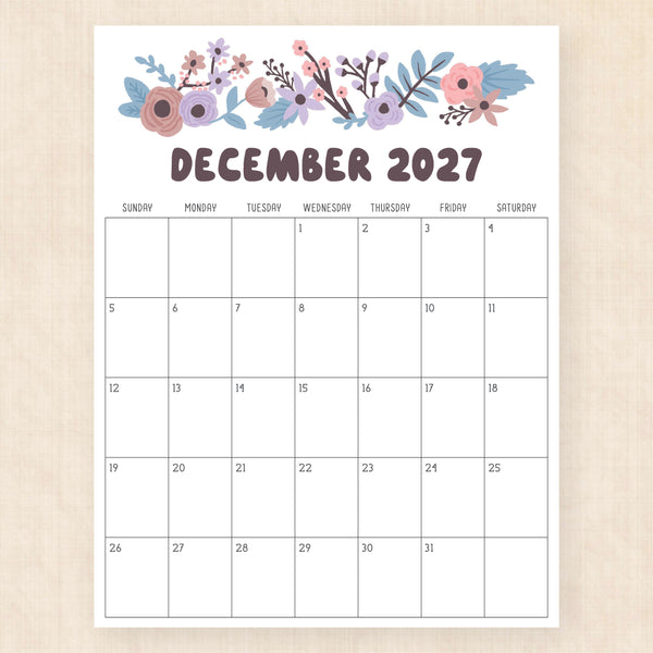 december 2027 calendar driftwood dreams