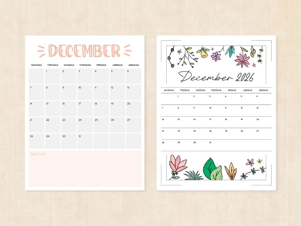 december 2026 kalender dansk
