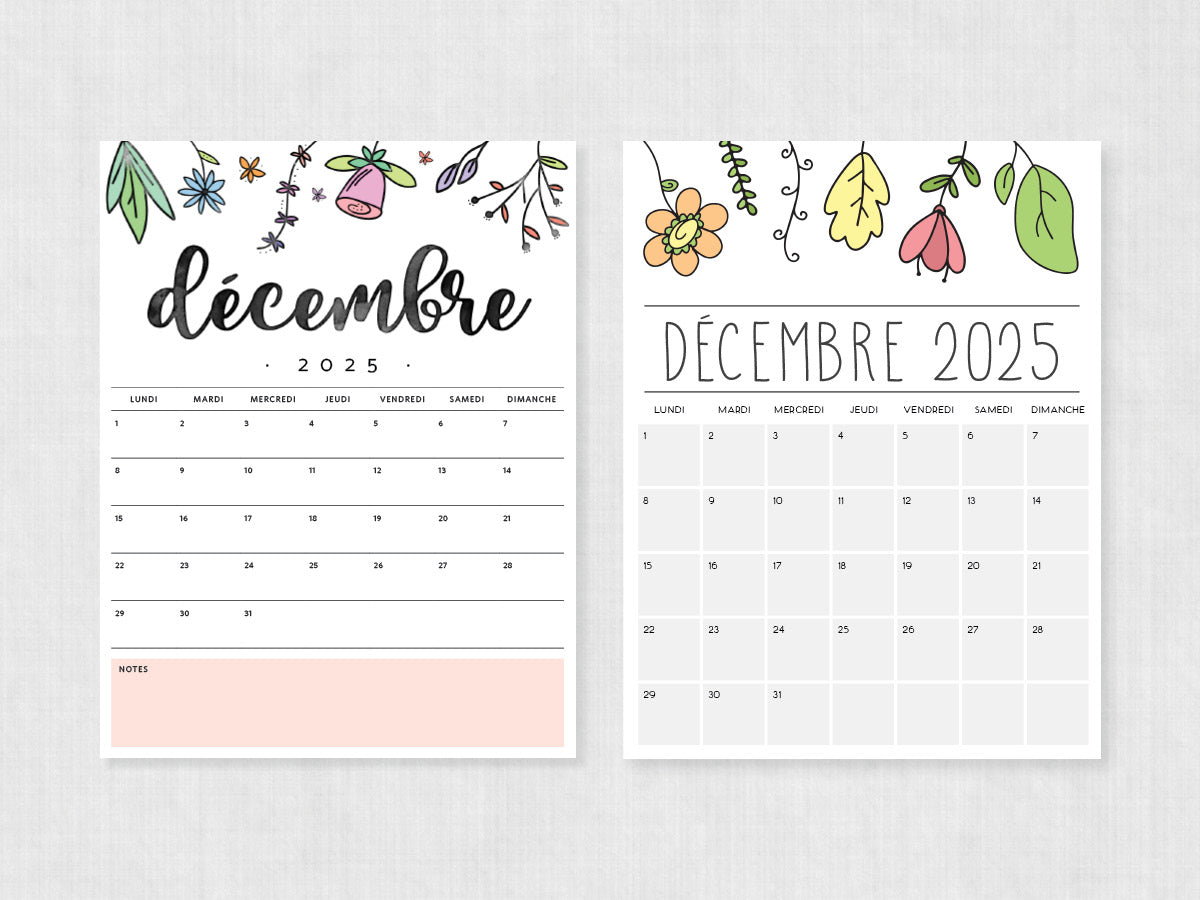 décembre 2025 calendrier à imprimer