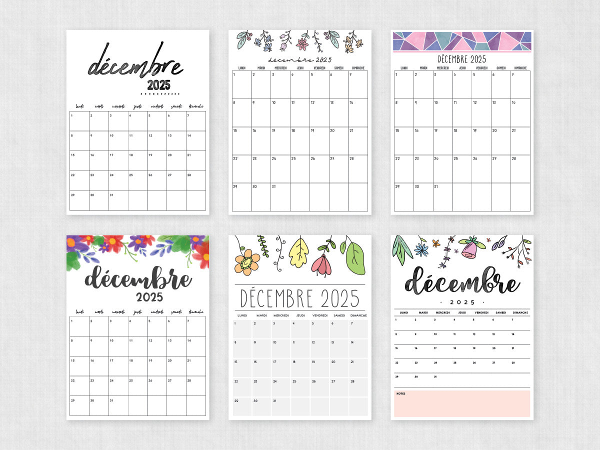 décembre 2025 calendrier imprimable