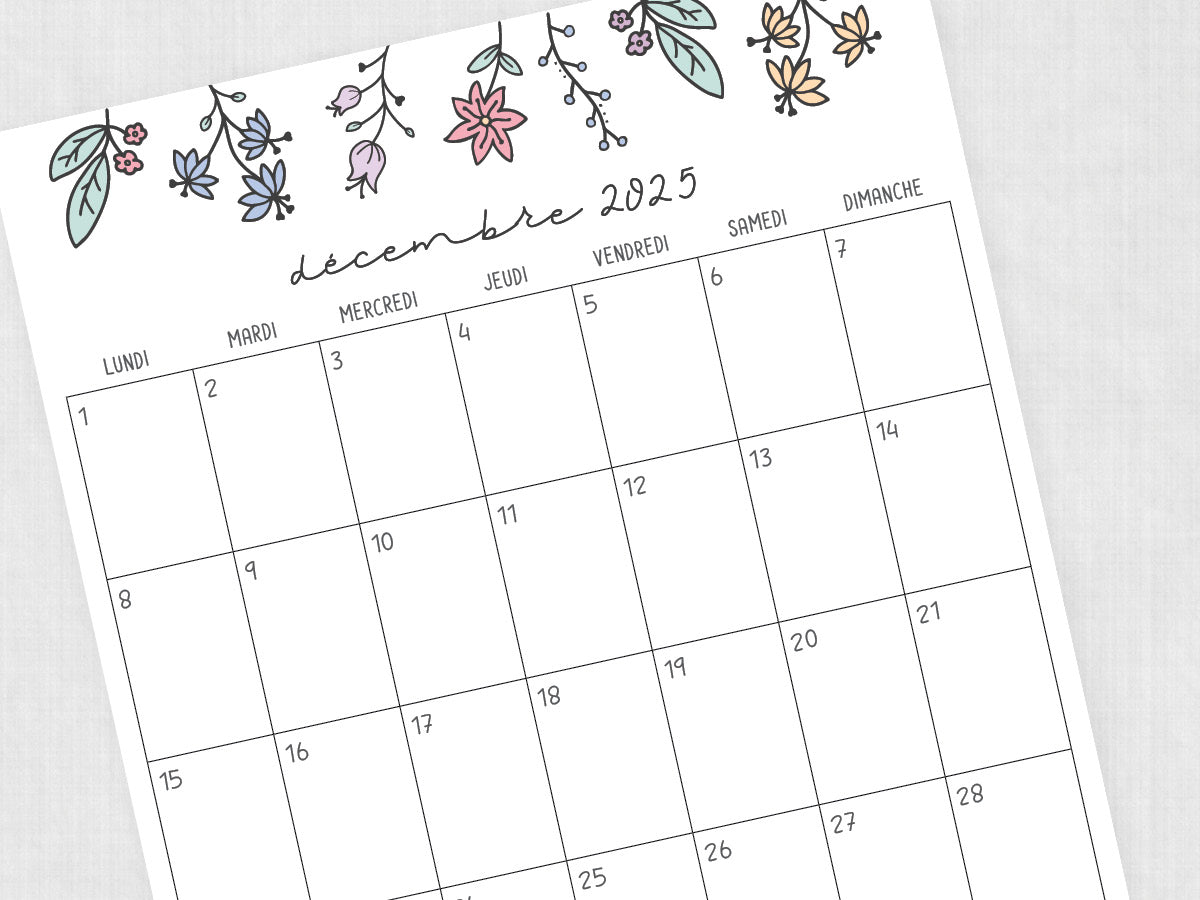 décembre 2025 calendrier modèle