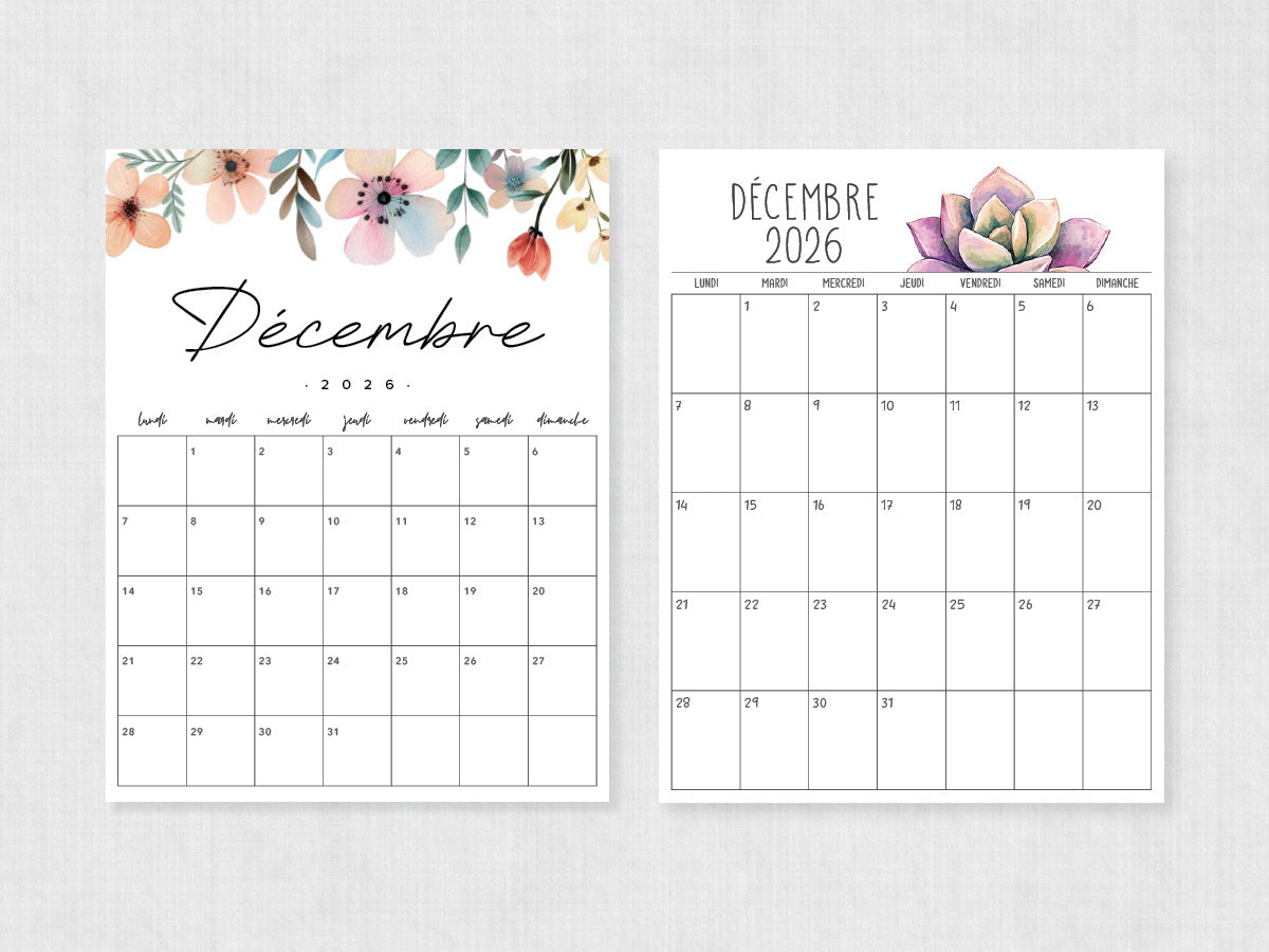 décembre 2026 calendrier à imprimer