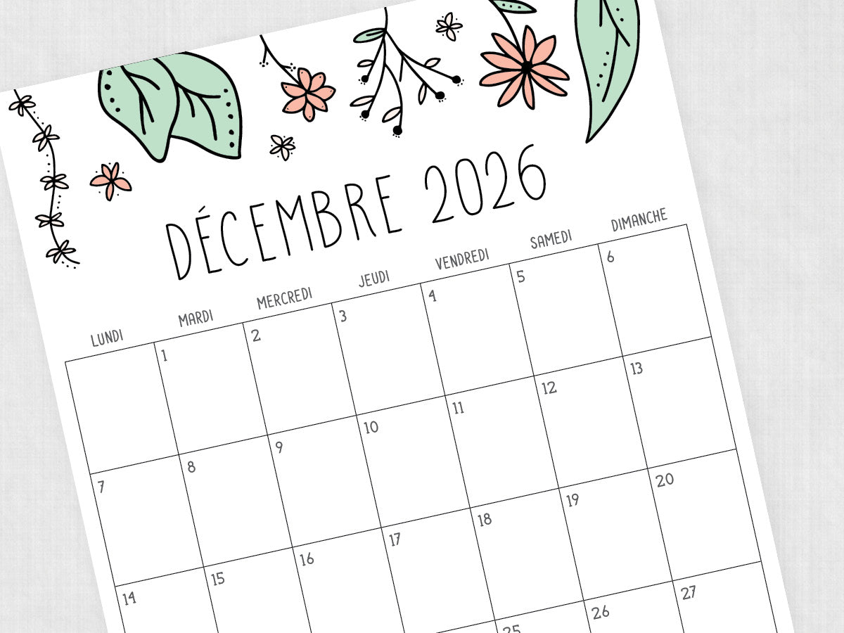 décembre 2026 calendrier modèle
