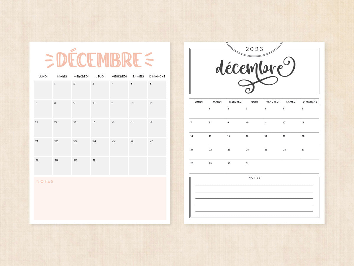 décembre 2026 calendrier vierge