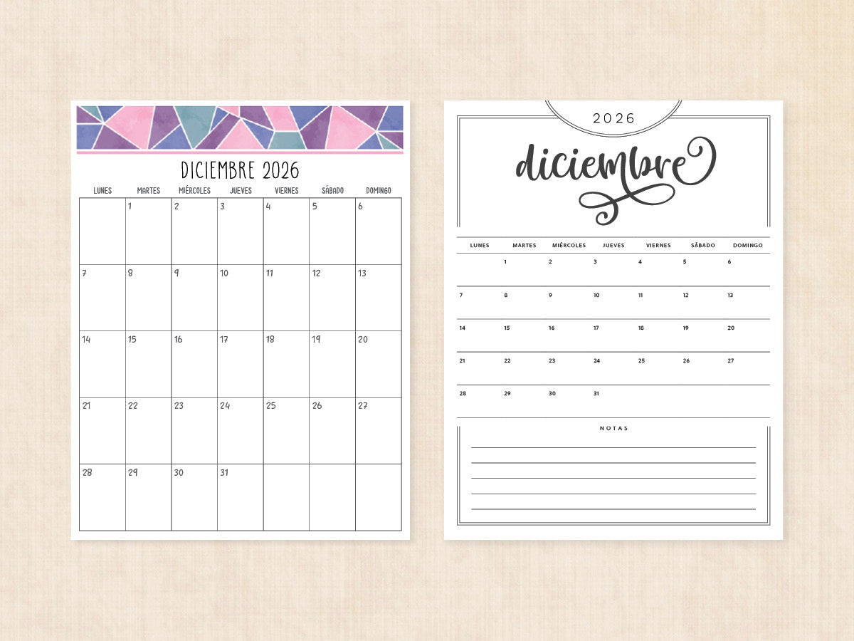 diciembre 2026 calendario en blanco