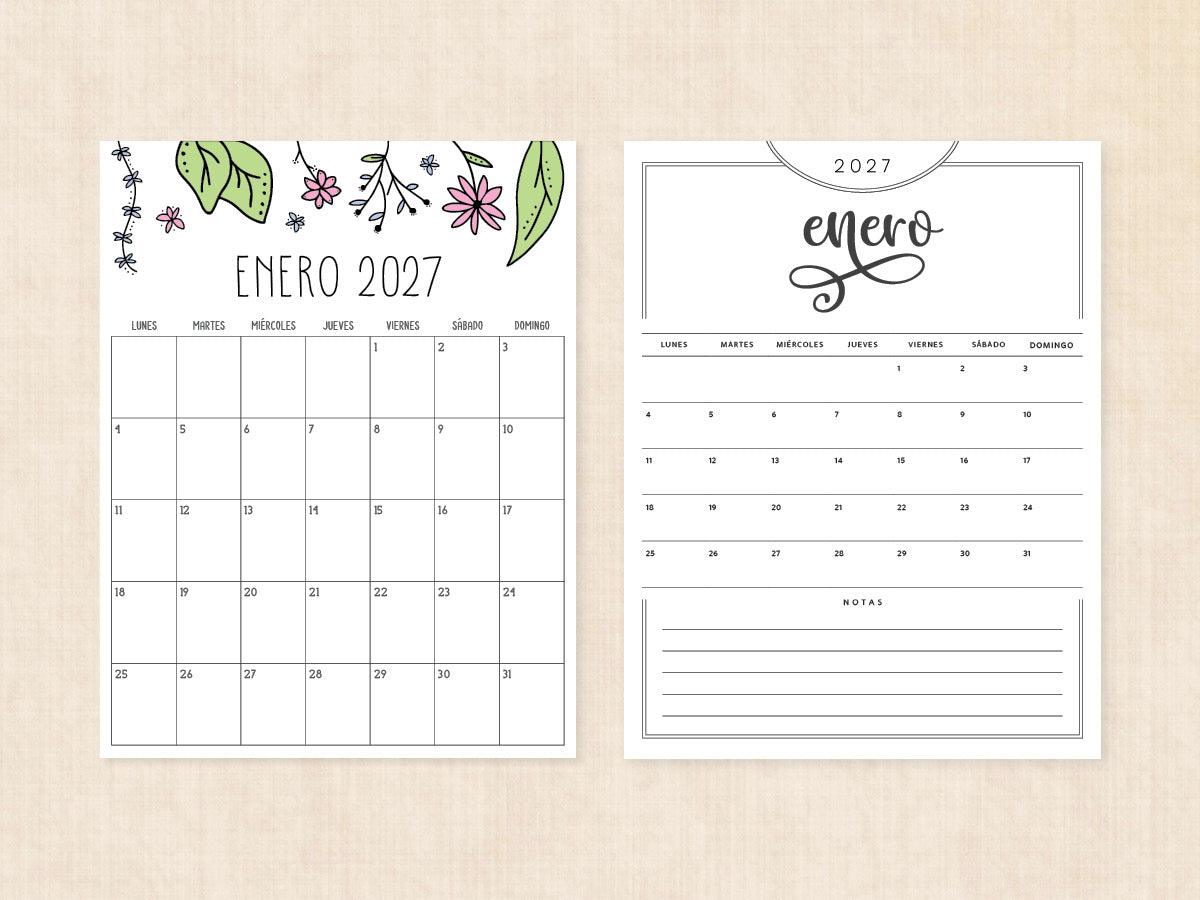 enero 2027 calendario en blanco