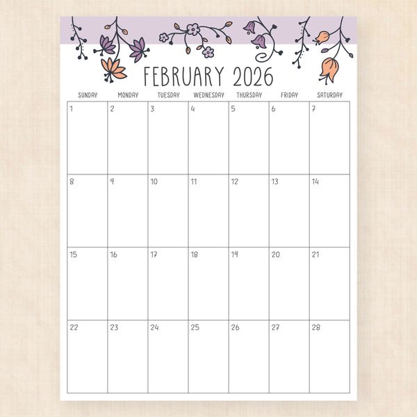 february 2026 calendar sunlight solace