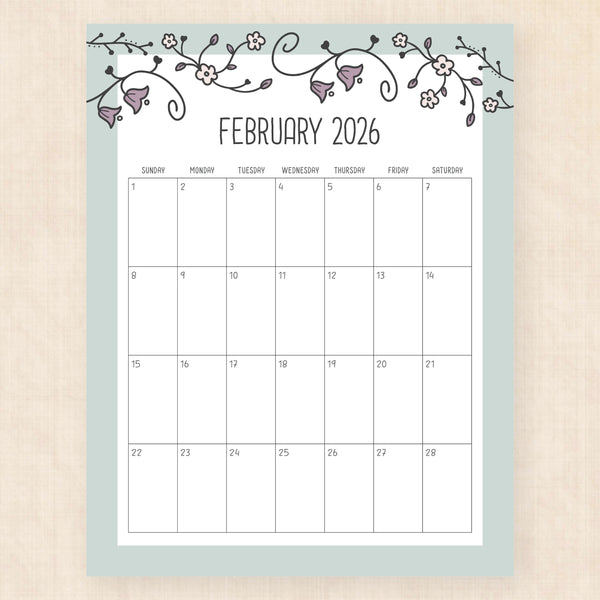 february 2026 calendar vintage vines