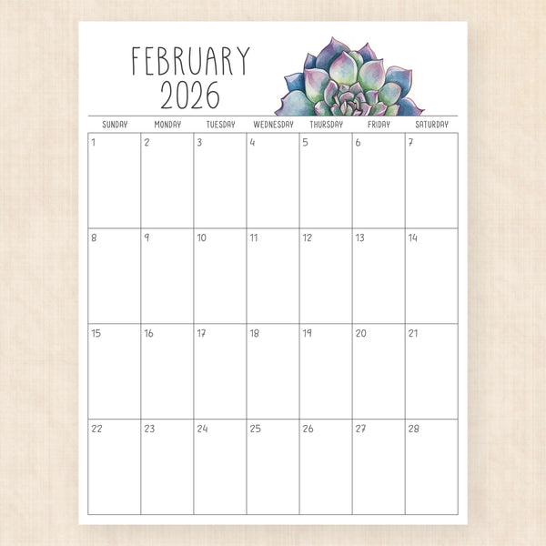 february 2026 calendar sunkissed succulents