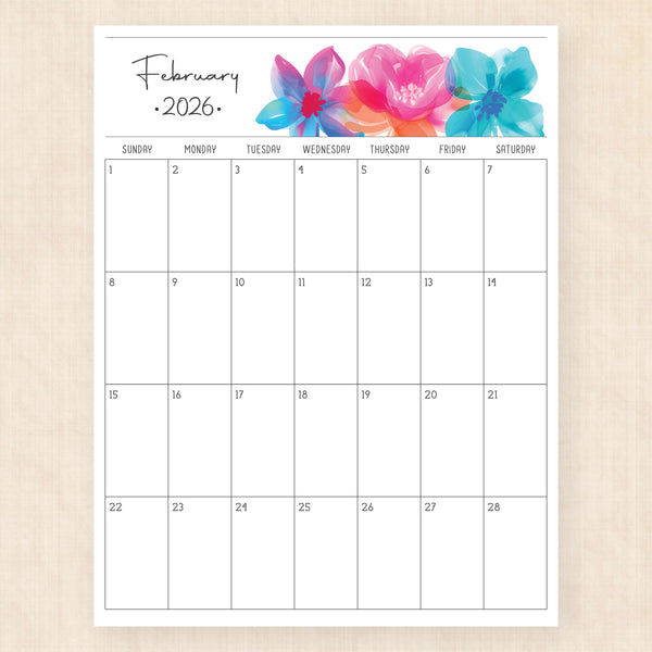 february 2026 calendar boho bougainvillea