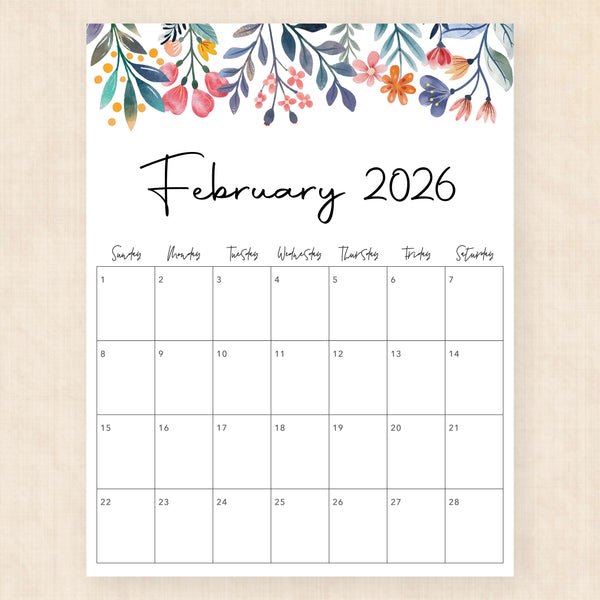february 2026 calendar floral fantasy