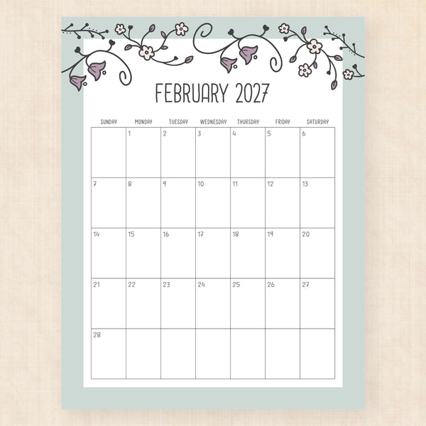 february 2027 calendar vintage vines